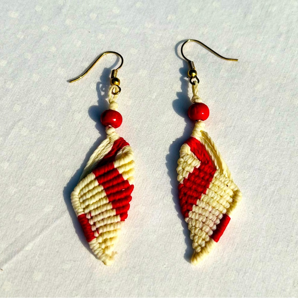 Macrame Earrings Wood Bead Red White Hand Made
